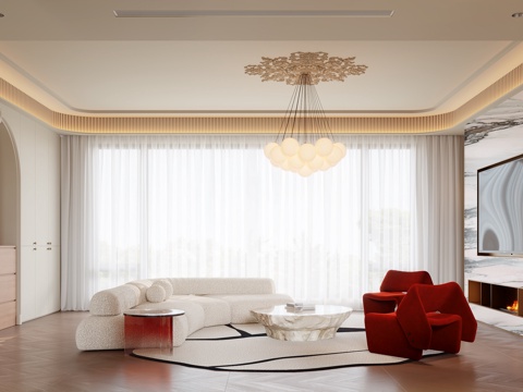 法式轻奢 客餐厅 法式奶油风su模型