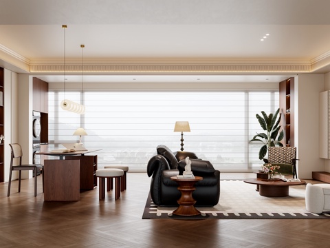 中古风客厅 沙发茶几 书桌椅 电视背景墙 书柜 吊灯su模型