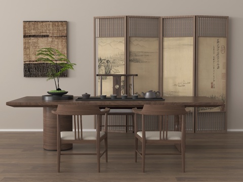 新中式茶桌椅 茶具 挂画 屏风su模型