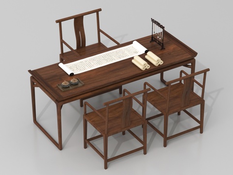 新中式书桌椅 实木桌椅su模型