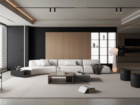 现代极简客厅皮凳 黑白灰客厅沙发墙 简约沙发背景墙 极简沙发su模型