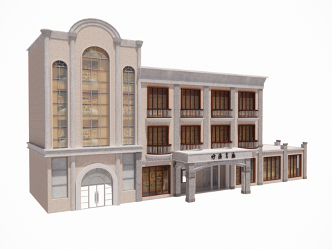 殖民地风格建筑洋楼复古风酒店1su模型