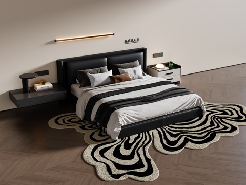 现代意式双人床 皮质双人床 床头柜 壁灯 地毯su模型