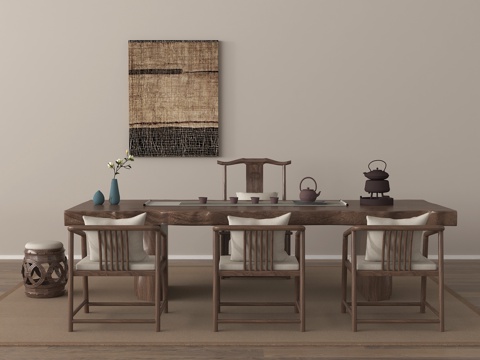 中式茶桌椅 茶具 挂画su模型