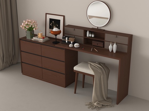中古风梳妆台 化妆凳 化妆镜su模型su模型