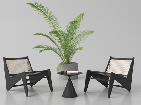 侘寂风休闲椅  藤编椅 小几 植物摆件su模型