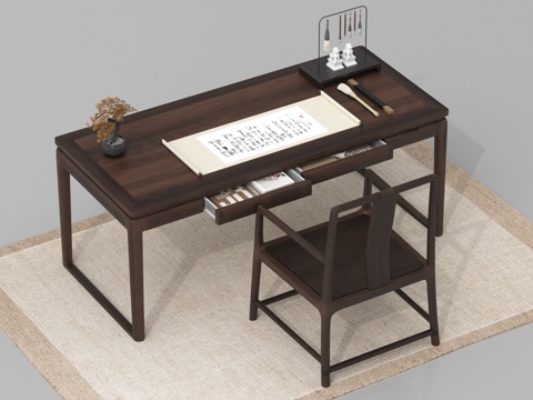 新中式书桌椅 实木桌椅su模型