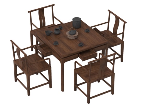 新中式茶桌椅组合  实木桌椅su模型