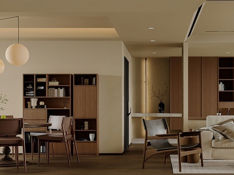 现代中古客厅餐厅 现代新中式客餐厅 禅意客餐厅屏风 中古餐桌su模型