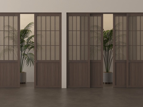 中古侘寂推拉门 藤编木移门su模型