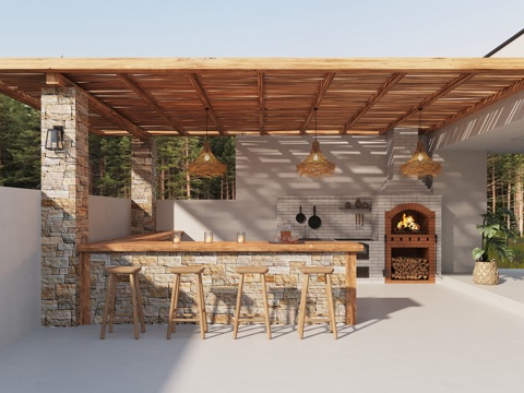  现代意式 法式庭院景观 复古水吧台 柚木吧椅 操作台 壁炉烤3d模型 