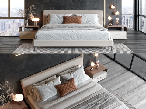  现代双人床 床 双人床 床头柜 摆件 枕头 书 绿植 饰品3d模型 