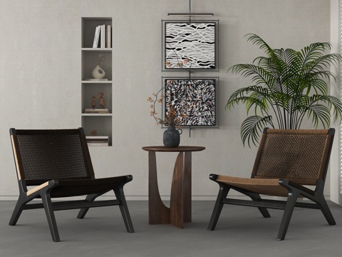 侘寂风休闲桌椅组合 单椅 挂画 绿植su模型