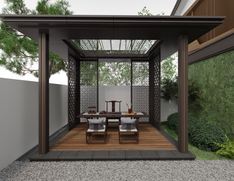  现代庭院景观 铝合金亭子 茶亭 休闲亭 茶桌椅组合3d模型 
