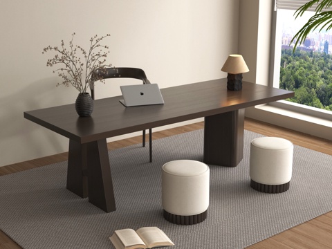 新中式书桌椅组合 台灯 摆件 实木桌椅su模型