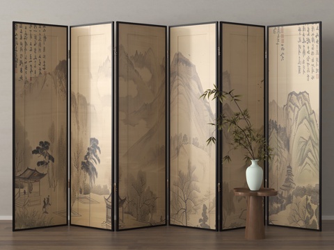 新中式屏风隔断 可折叠屏风su模型