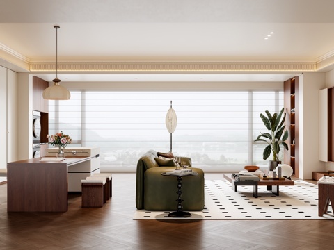 中古风客厅 沙发茶几 书桌椅 电视背景墙 书柜 吊灯su模型