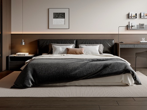 现代简约双人床 书桌椅组合 挂画 床头柜 床头吊灯su模型