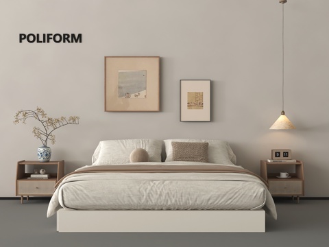 现代双人床 床头柜 吊灯 挂画su模型