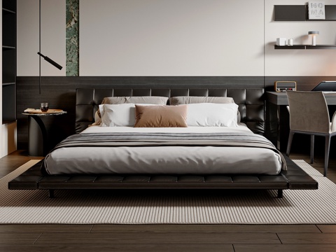  现代简约双人床 床头柜 床头吊灯 书桌椅组合 书架 皮质双人3d模型 