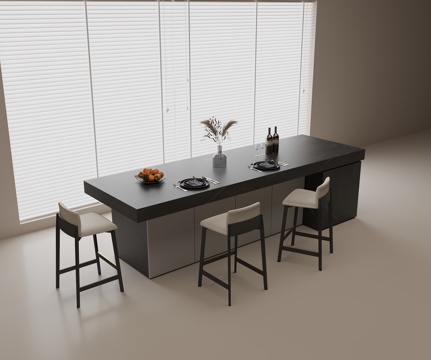 现代中岛吧台 大理石吧台 休闲吧椅 餐具 水果果盘 酒瓶酒杯su模型