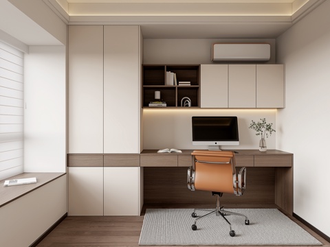 现代书房书柜 书柜书桌一体su模型