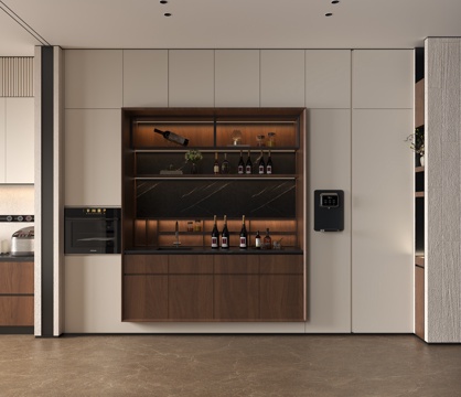 现代西厨酒柜餐柜 现代餐边柜烤箱 餐厅直饮机红酒 酒柜饰品摆su模型