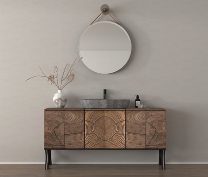 中古风浴室柜 洗手台 卫浴柜 镜子su模型