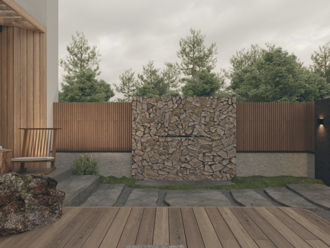  现代新中式 禅意文化景观 庭院花园 围栏围墙围挡 休闲椅 文3d模型 