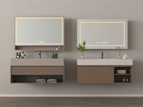 现代浴室柜 洗手台 卫浴柜 悬空浴室柜 镜子su模型