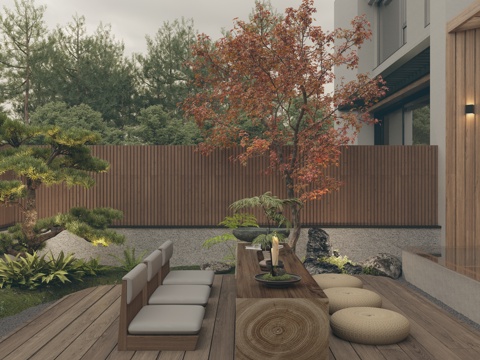  现代新中式 禅意文化景观 庭院花园 围栏围墙围挡 茶桌椅 蒲3d模型 