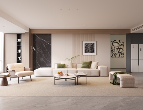 现代客厅 沙发茶几组合 休闲椅 凳子 落地灯 装饰画 摆件组su模型