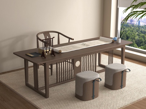 新中式书桌椅组合 实木桌椅su模型