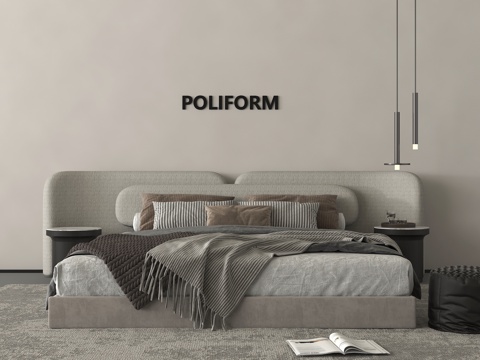 现代双人床 床头柜 吊灯 床品su模型