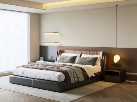  现代意式双人床 皮质双人床 床头柜 意式卧室 主人房3d模型 