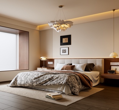 中古风卧室 布艺双人床 床头柜 吊灯 挂画 地毯su模型