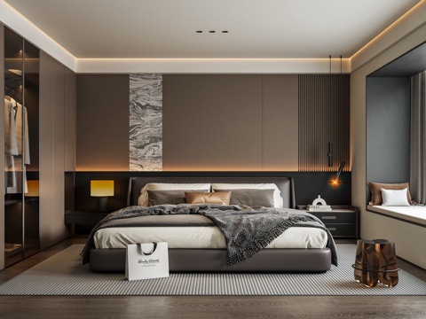 意式轻奢家居卧室 床头背景墙 皮质双人床 无主灯飘窗卧室 高su模型