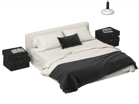 现代双人床 床头柜su模型