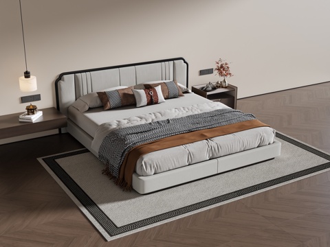 新中式双人床 布艺双人床 床头柜 吊灯 地毯su模型