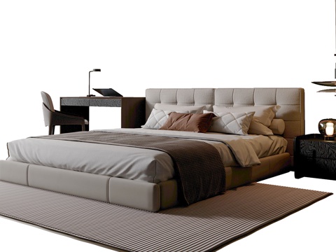 现代简约双人床 布艺床 书桌椅组合 床头柜 床头吊灯su模型