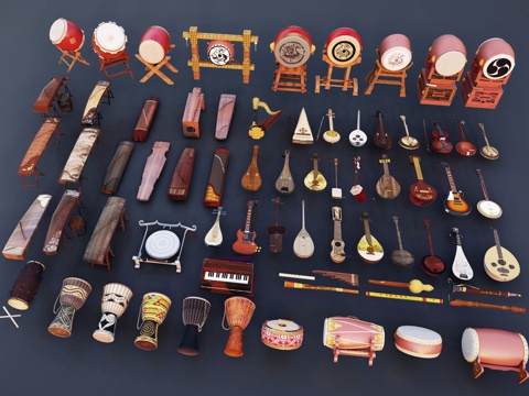 中式古典乐器 古筝琵琶 手鼓擂鼓 笛子 民族乐器 排箫腰鼓su模型