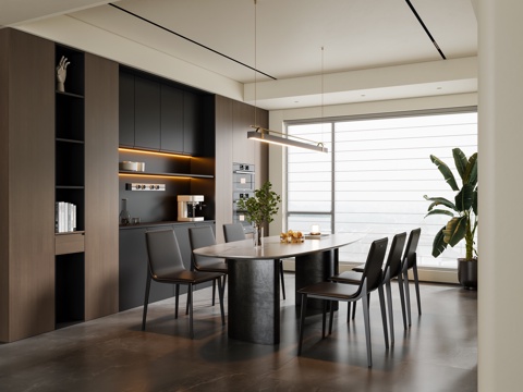 现代意式餐厅 餐桌椅 吊灯 餐边柜su模型