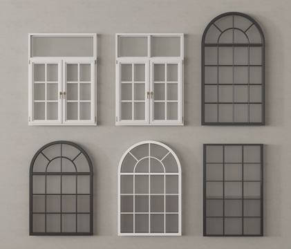 法式弧形窗户 弧形平开窗 落地窗 阳台窗su模型