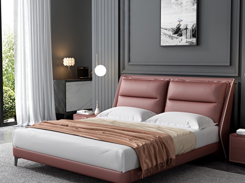  现代简约高脚皮床卧室皮床床头柜组合3d模型 