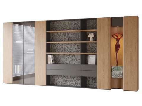 现代满墙书柜 雕塑摆件su模型