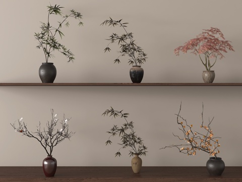 中古花艺 中古风干花 干枝 花瓶花艺su模型