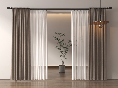 现代窗帘 布艺 纱帘褶帘su模型