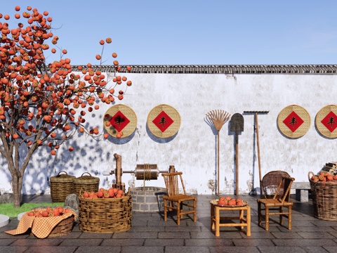 新中式 农具 乡村庭院 秋收农村院子 柿子树 晒柿子 农耕su模型