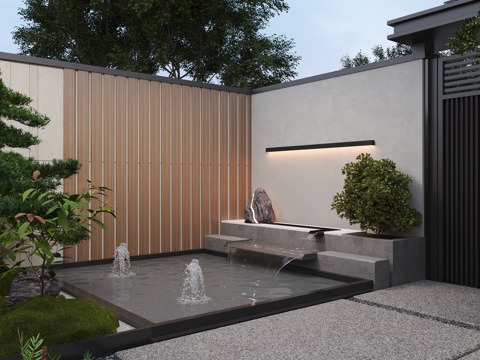  现代庭院花园 背景墙围墙 水系水景 喷泉涌泉 铁艺双开入户门3d模型 