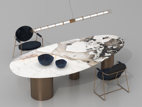 现代餐桌椅组合  大理石餐桌椅su模型